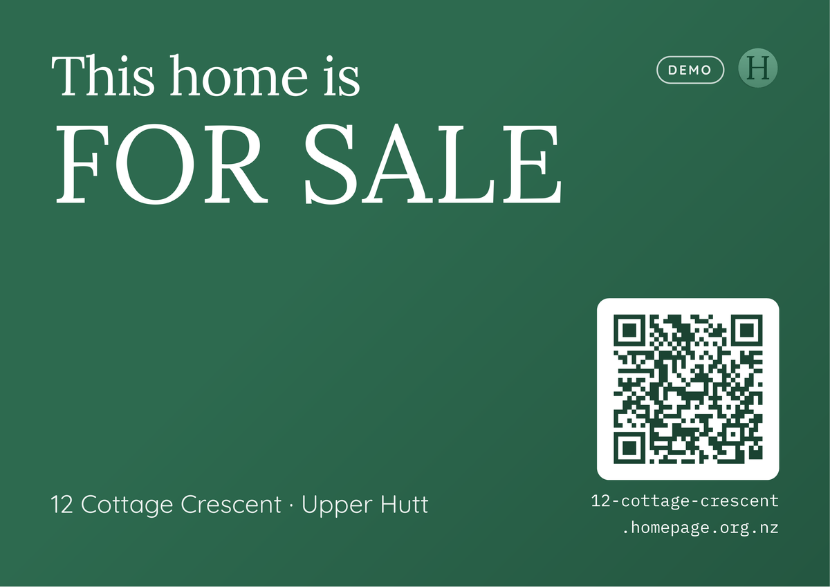 This home is FOR SALE fence sign for 12 Cottage Crescent, Upper Hutt, Wellington, with a QR code to the property's own website